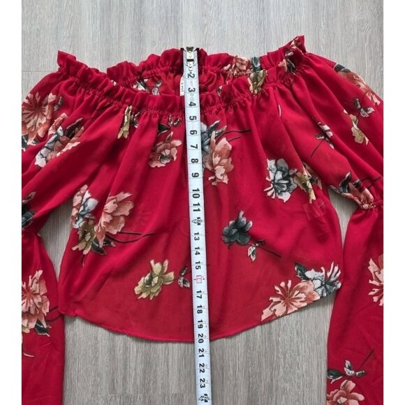 Live 4 Truth Red Floral Off Shoulder Peasant Blouse Bell Sleeve Boho Top L - Picture 3 of 10